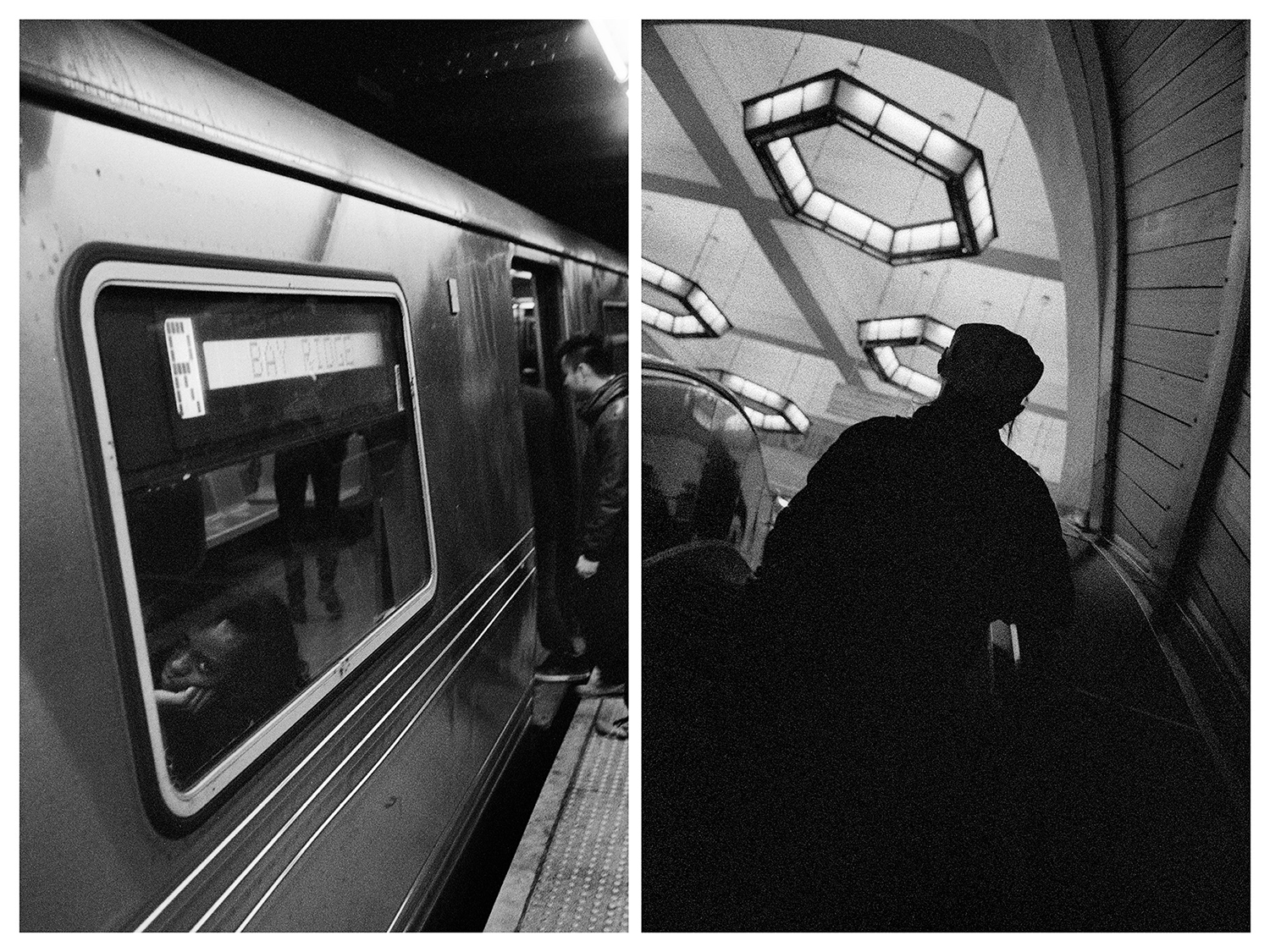Ню Йорк – Момиче в метрото. / Москва – Ескалатор в Московското метро.