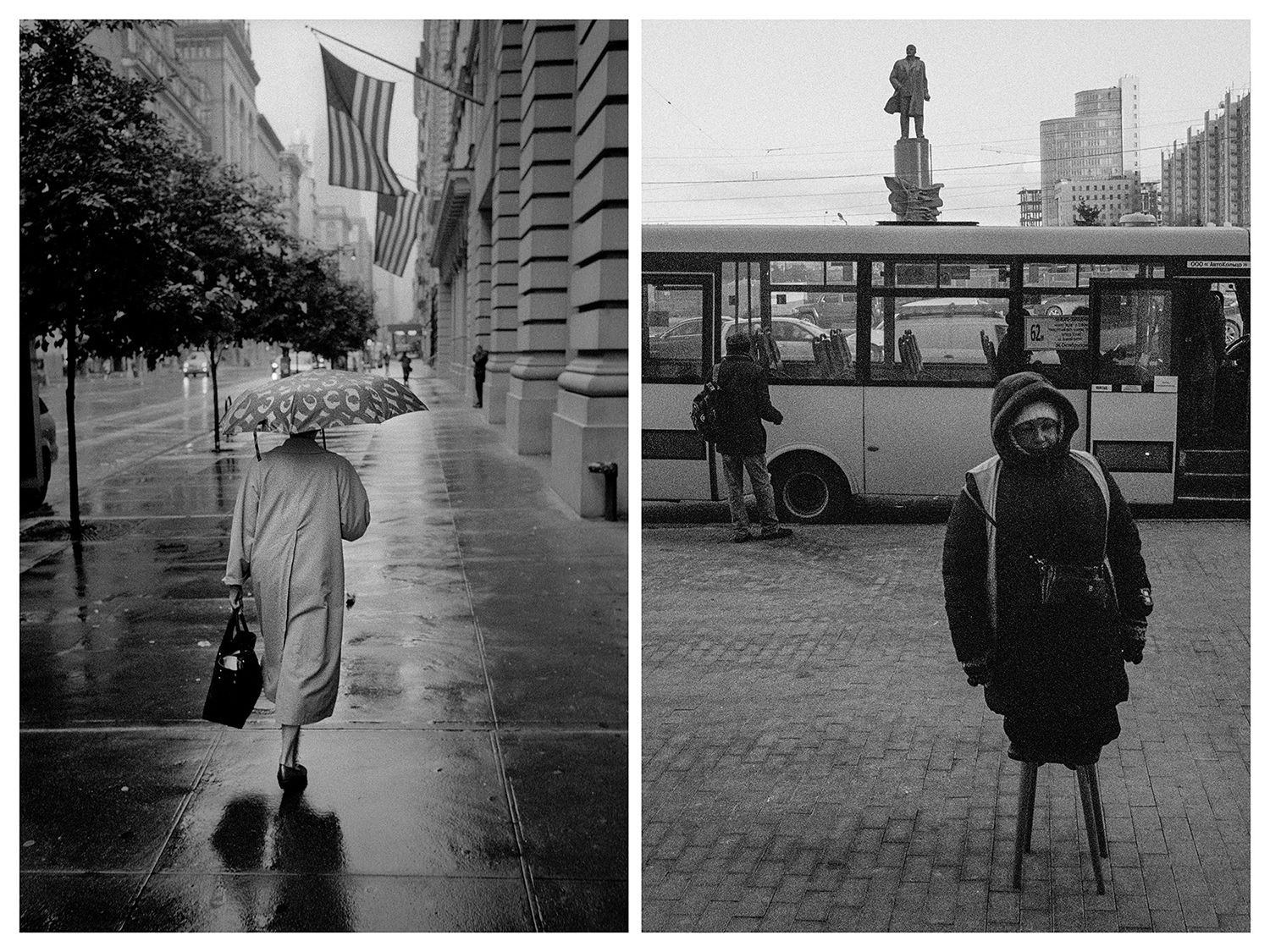 Ню Йорк – Жена с чадър се разхожда из центъра на града. / Москва – Жена стои на столче и продава автобусни билети близо до изхода на метростанция „Октябърская“.