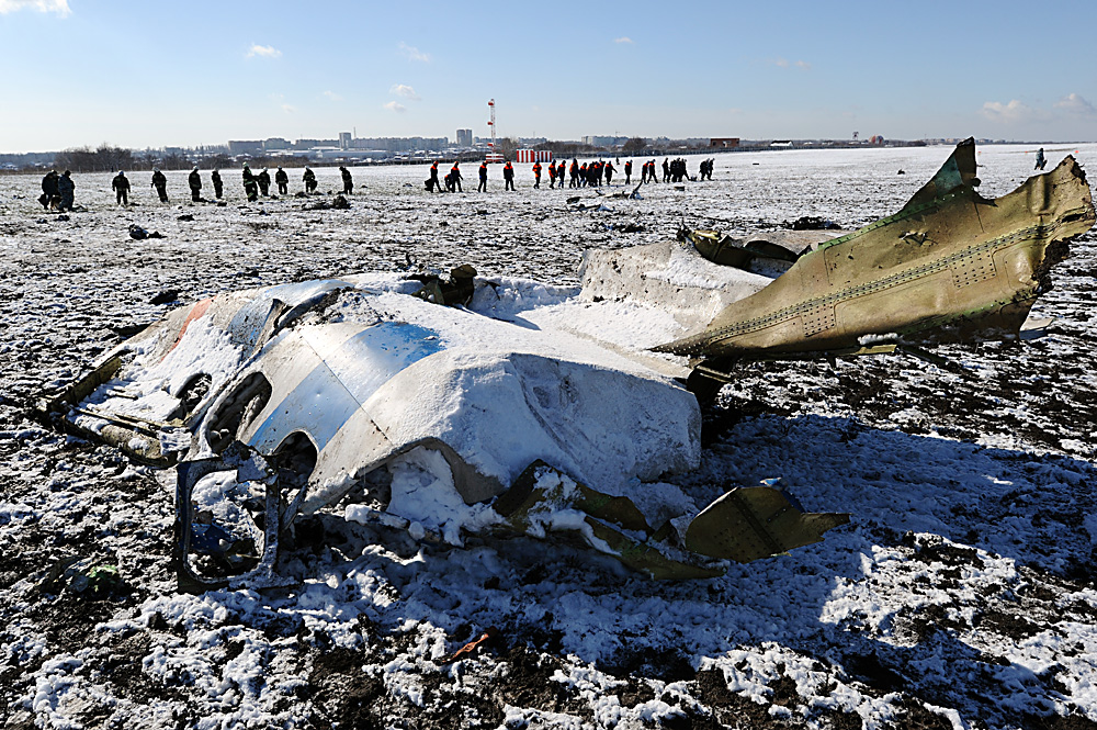 The crash site of the Boeing-737-800 passenger jet which crashed on landing in Rostov-on-Don airport.