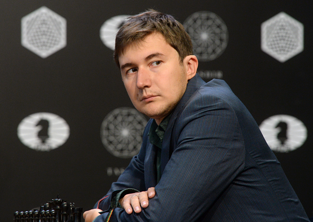 Grandmaster Sergei Karyakin (Russia) competes in the fifth round of the World Chess Candidates Tournament in Moscow.