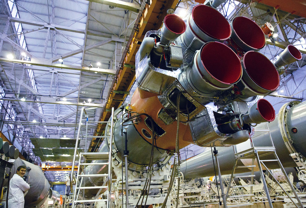 Part of a rocket booster stage in the assembly room at TsSKB Progress State Research and Production Space Center.