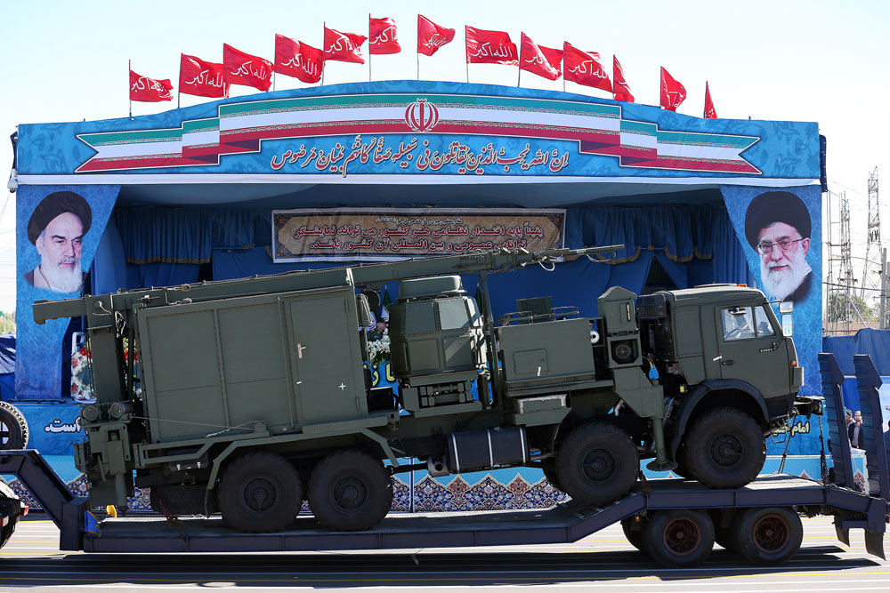 A long-range S-300 missile system is displayed by Iran's army during a parade marking National Army Day, outside Tehran.