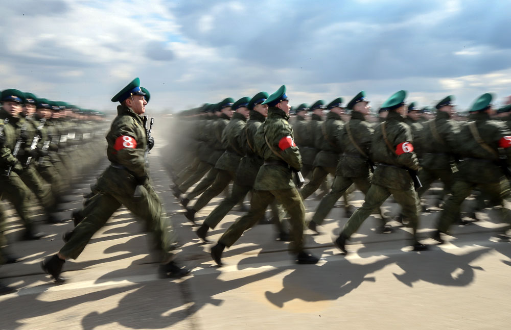 MOSCOW REGION, RUSSIA. Russian servicemen march in formation at Alabino range as they prepare for the upcoming 9 May military parade marking the 71st anniversary of victory over Nazi Germany in World War II