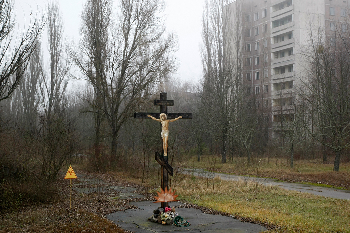 A cross with a crucifix on display in Pripyat. The radioactive pollution caused the deaths of around 4000-200,000 people.