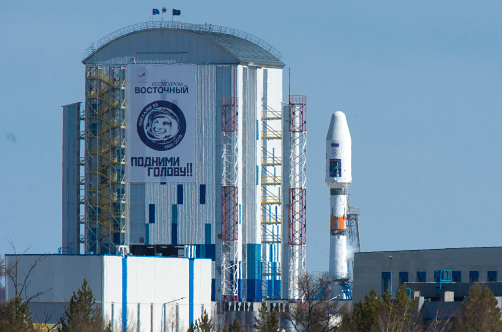 A Souyuz 2.1a space carrier with Russian satellites Lomonosov, Aist-2D and a SamSat-216 nano satellite sits on the launch pad at Vostochny cosmodrome.