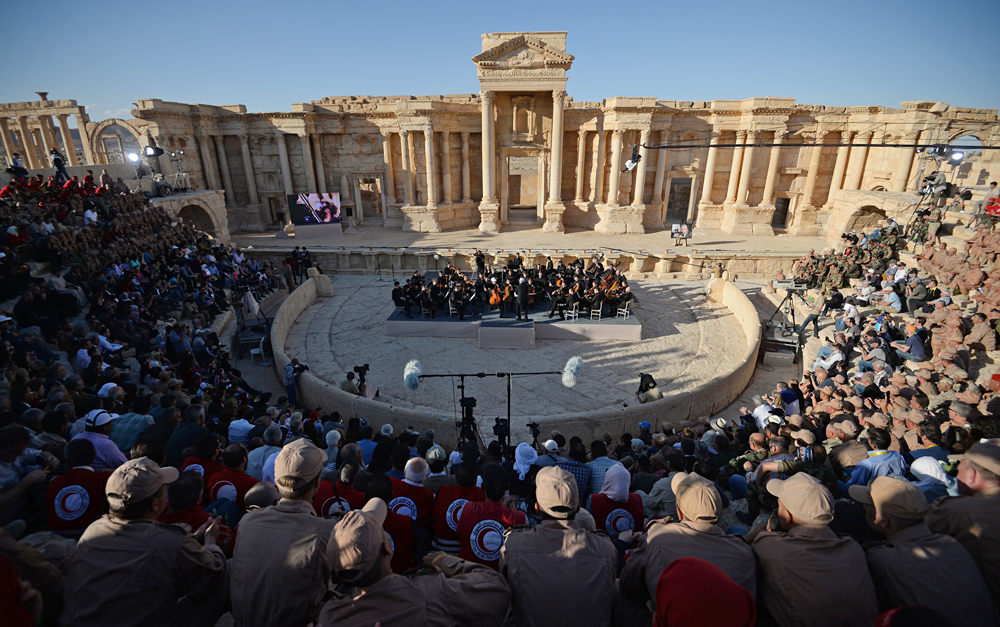 A concert by the symphony orchestra of the St. Petersburg Mariinsky Theater conducted by People's Artist of Russia Valery Gergiev at the Roman amphitheater of Palmyra, Syria liberated from the Islamic State terrorists.