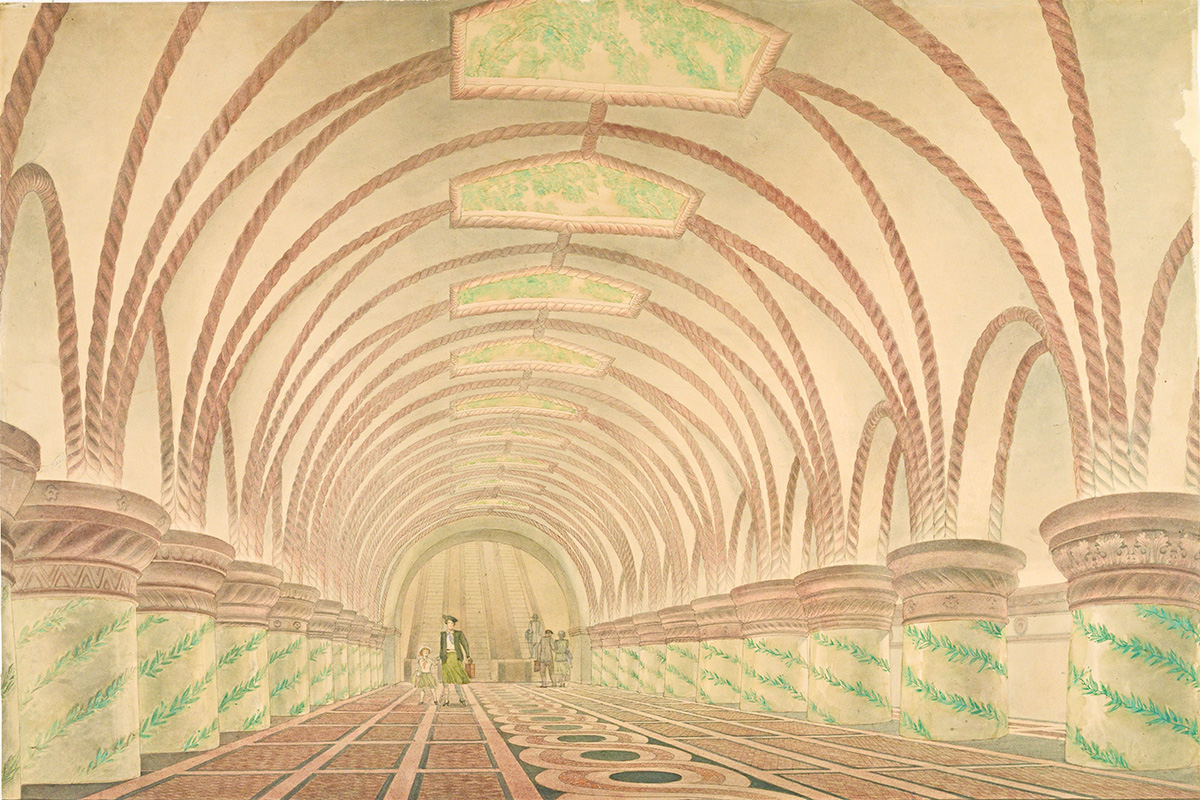 　ここで紹介するすべてのプロジェクトがその通りに建設されたわけではない。一部の原案は文字通り製図板上に残されていた。ゲオルギー・ゴルツによるキエフスカヤ駅の下描きがその例だ。ツタ色の円柱は、最終的にはモザイクによるパネルで飾られた柱に置き換えられた。/  G. ゴルツ。地下鉄駅プロジェクト「キエフスカヤ」。1944〜1945年。