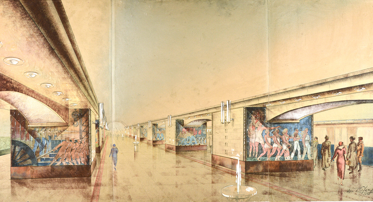The exhibited works are of interest not only as architectural plans for Metro stations, but as an important example of Soviet draftsmanship. / D. Chechulin. Metro Station Project “Okhotny Ryad”. 1934.