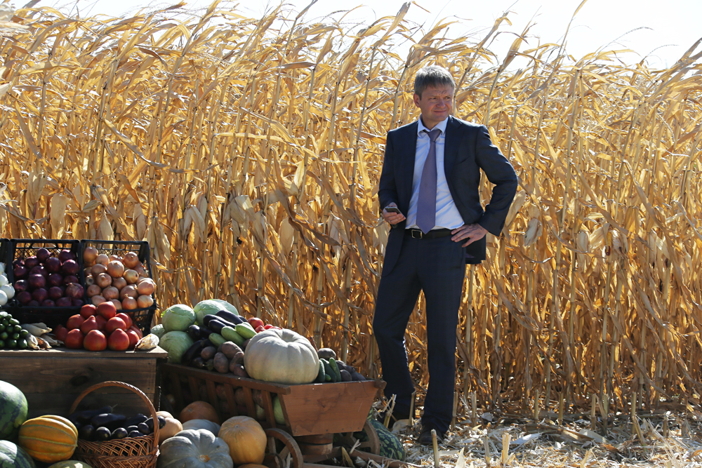 Région de Rostov, Russie, 24 septembre 2015. Le ministre russe de l'Agriculture Alexandre Tkatchev dans un champ de la société Istok 1 dans le village de Chaminka Khoutor.