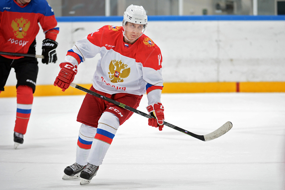 Russian President Vladimir Putin participates in a training of the Night Hockey League at the Galaktika center in Krasnaya Polyana on January 6, 2016.