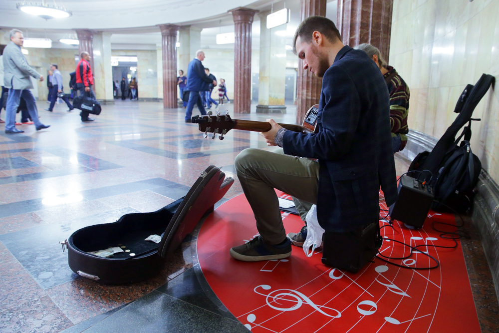 MOSCOW, RUSSIA - MAY 25, 2016: Musicians perform during the launching event for the Music in Metro project at Kurskaya Station of the Moscow Underground.