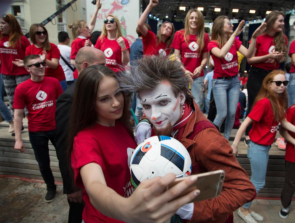 Russian volunteers make a selfie before Volunteer Programme launching ceremony, in Moscow, Russia, 01 June 2016. Presidents of Russia and FIFA launch the volunteer-selection campaign for the FIFA Confederations Cup 2017 and 2018 FIFA World Cup Russia. 