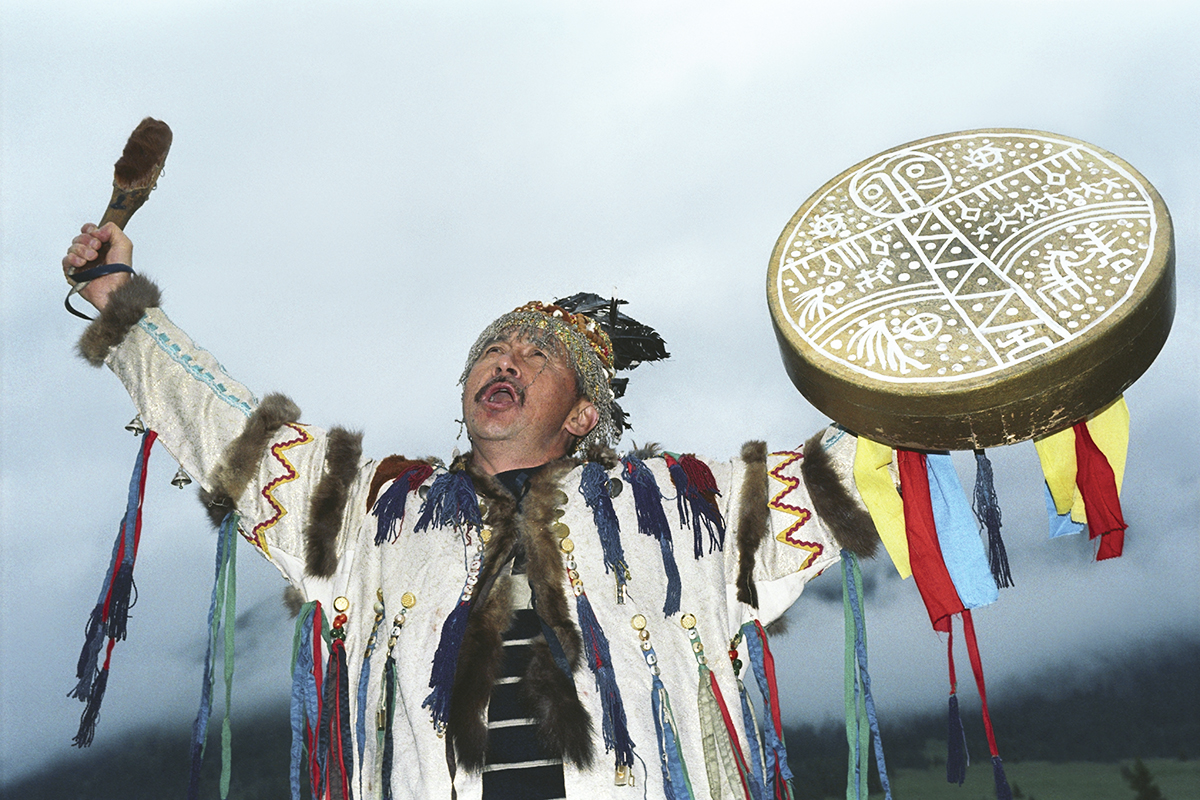 A shaman performs a ritual dance with a tambourine at the El-Oiyn folk festival.Some Russian regions, such as Altai, Khakassia, Tuva, and Yakutia, still have a strong belief in shaman power.