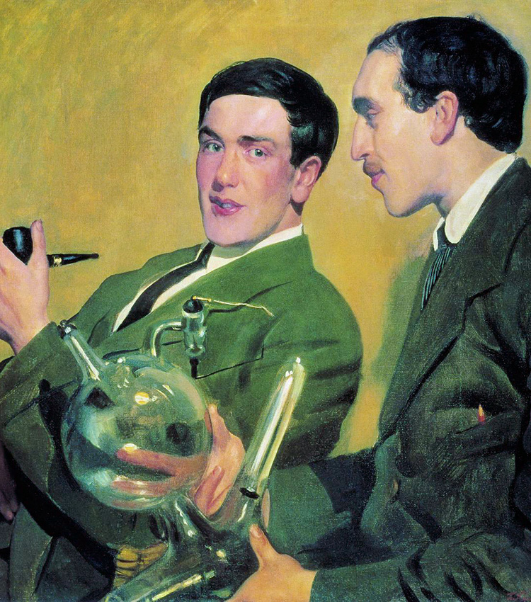Porträt von Petr Kapitsa und Nikolaj Semjonow. 1921 zeichnete Boris Kustodiew zwei junge Männer, Nikolaj Semjonow und Petr Kapitsa, die nicht mit Bargeld zahlen konnten Kostodiew stattdessen für das Porträt einen Hahn und zwei Säcke Mehl gaben. 35 Jahre später wurden sie mit dem Nobelpreis ausgezeichnet.  