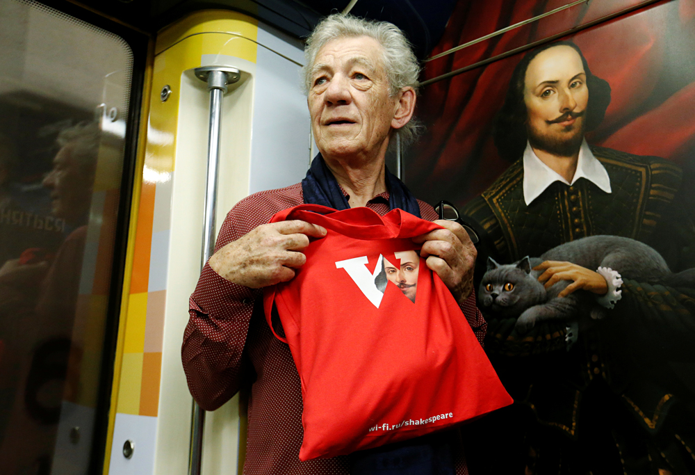 British actor Sir Ian McKellen rides the Shakespeare branded metro train in Moscow, Russia, June 22, 2016