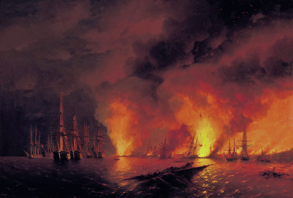 Tensions in Europe boiled over into the enormous military conflict known as the Crimean War (1853-56), when Russia battled a coalition consisting of Great Britain, France, Sardinia and the Ottoman Empire in the Black Sea, the Balkans, the Caucasus and even the Arctic Ocean. // The Battle of Sinop. A paining by Ivan Aivazovsky