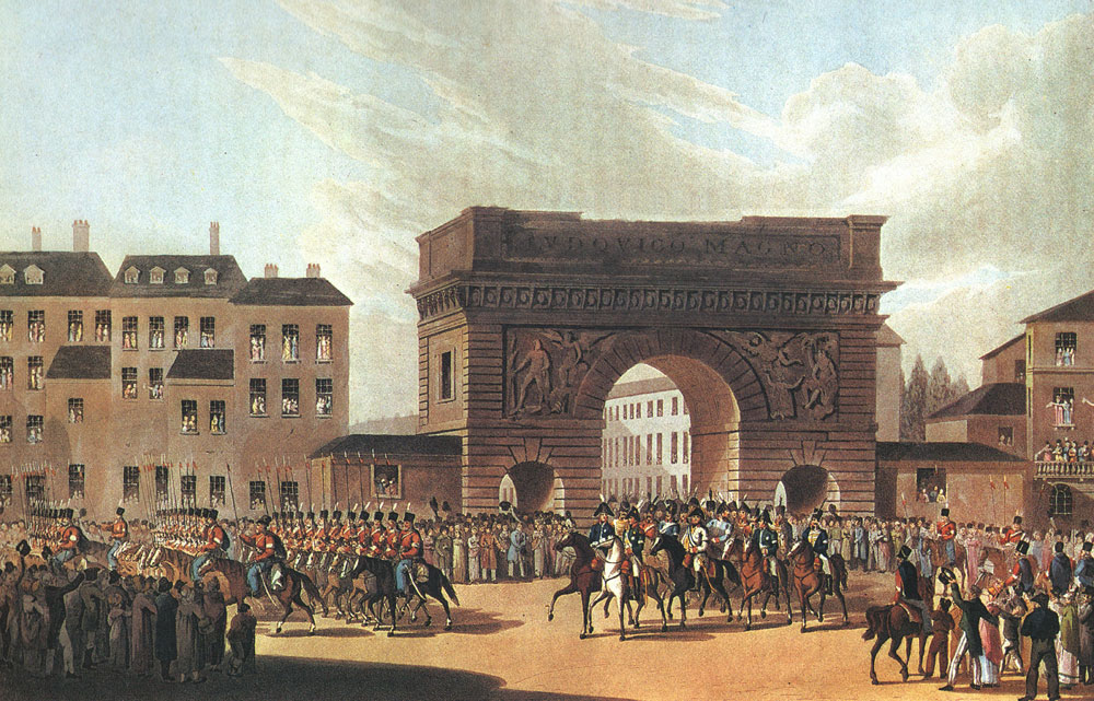 A spirited spectator of guard mountings and parades, the 16-year old Nicholas desperately wanted to see action during the French invasion of Russia in 1812. However, his brother Alexander only permitted him to join the army during the German Campaign in 1813.  // 1814. Russian troops in Paris. Unknown painter