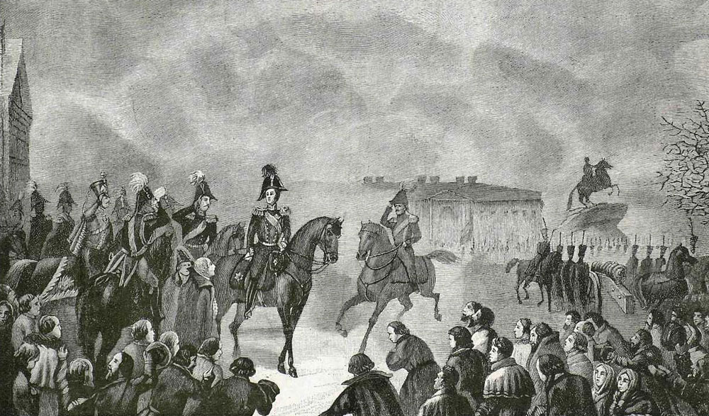　新しく即位した皇帝は、すぐに行動を開始した。1825年12月、デカブリストの乱（自由を求めて君主制打倒に立ち上がる反乱軍将校グループに率いられた蜂起）を鎮圧。将校の一部は絞首刑に処され、多くがシベリアに流刑された。//デカブリストの乱に騒ぎ立つペテルブルクは元老院広場のニコライI世。画家不詳
