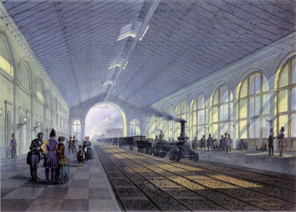 Nicholas I masterminded and completed the first Russian railway that linked St. Petersburg with Moscow in 1851. It was his idea to make the rail gauge wider in order to prevent the enemy from using it.  // Nikolaevsky railway station in St.Petersburg. A painting by A.V. Pettsolt