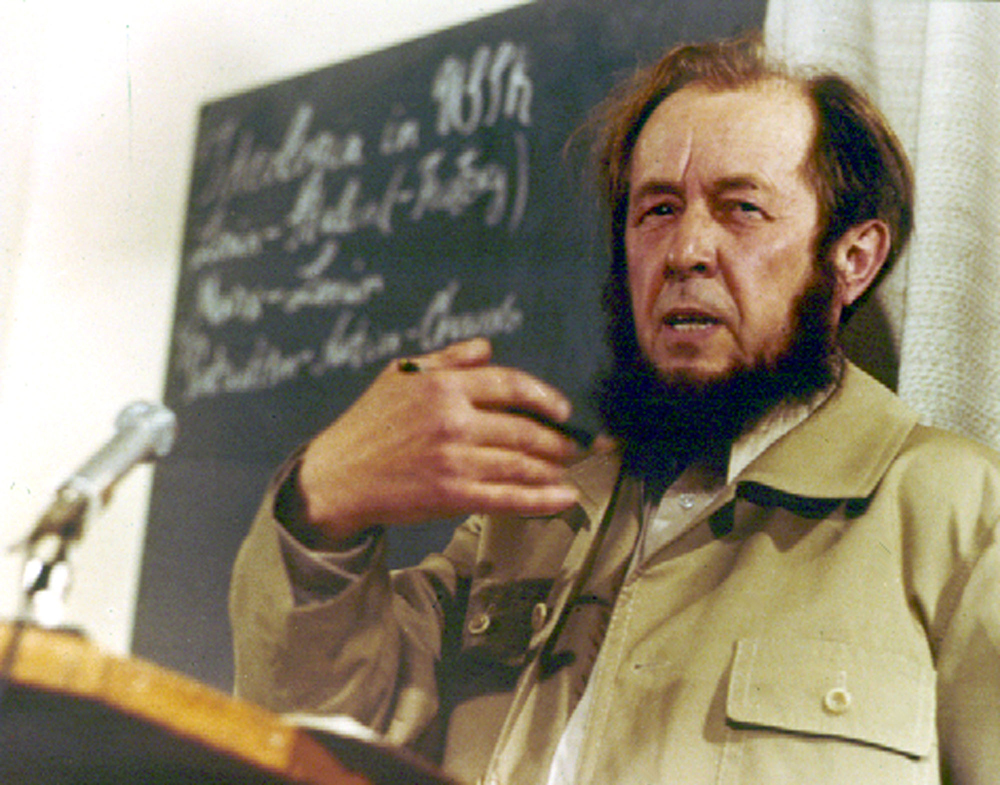 Alexander Solzhenitsyn gives his first news conference in the West since being expelled from Russia, 1974.