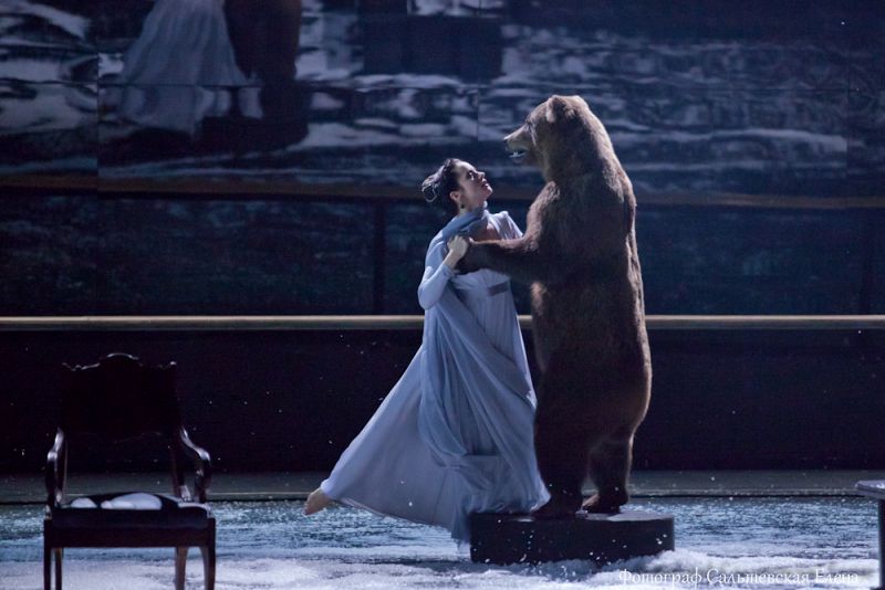 Olga Lerman as Tatyana Larina, dancing with a bear. Eugene Onegin of Vakhtangov Theater. 