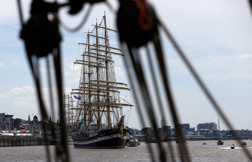 Tall ship Kruzenshtern from Russia sails during a parade prior to the start of the Tall Ships Race 2016 in Antwerp, Belgium