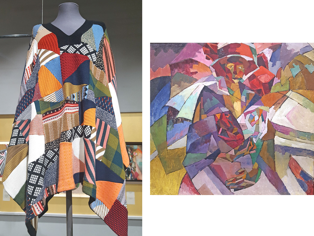 La exposición muestra diseños de algunas casas de moda que utilizar colores, patrones y formas de pintores vanguardistas. / Chloe, otoño-invierno de 2015-2016; Aristarkh Lentulov, Retrato de M. P. Lentulova con rosas, 1913.