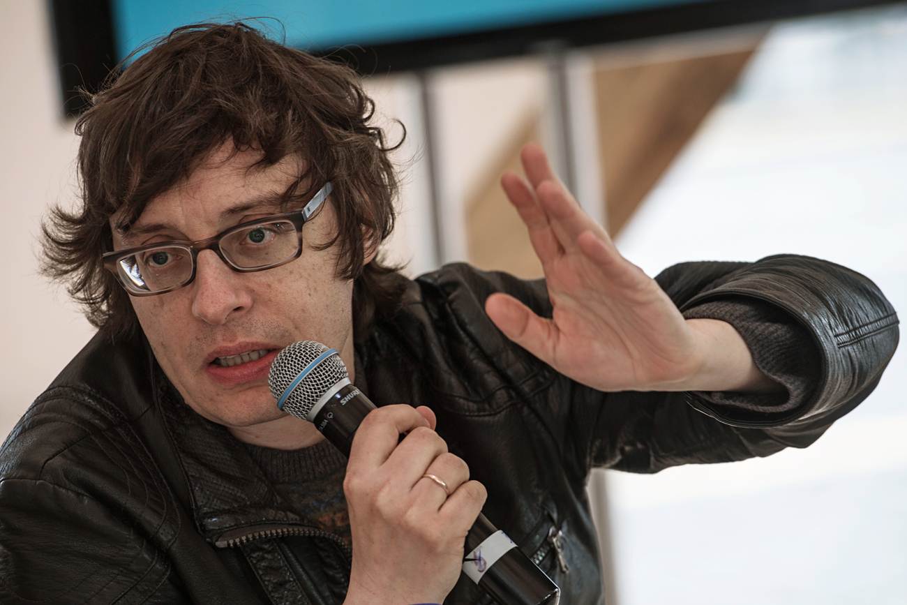 Writer Andrei Astvatsaturov performing at the Red Square Book Festival in Moscow.
