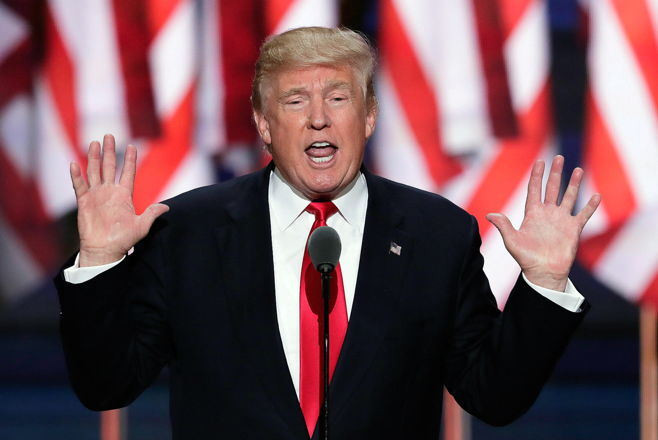 Calon presiden AS dari Partai Republik Donald Trump berbicara pada hari terakhir Konvensi Nasional Partai Republik di Cleveland, AS.