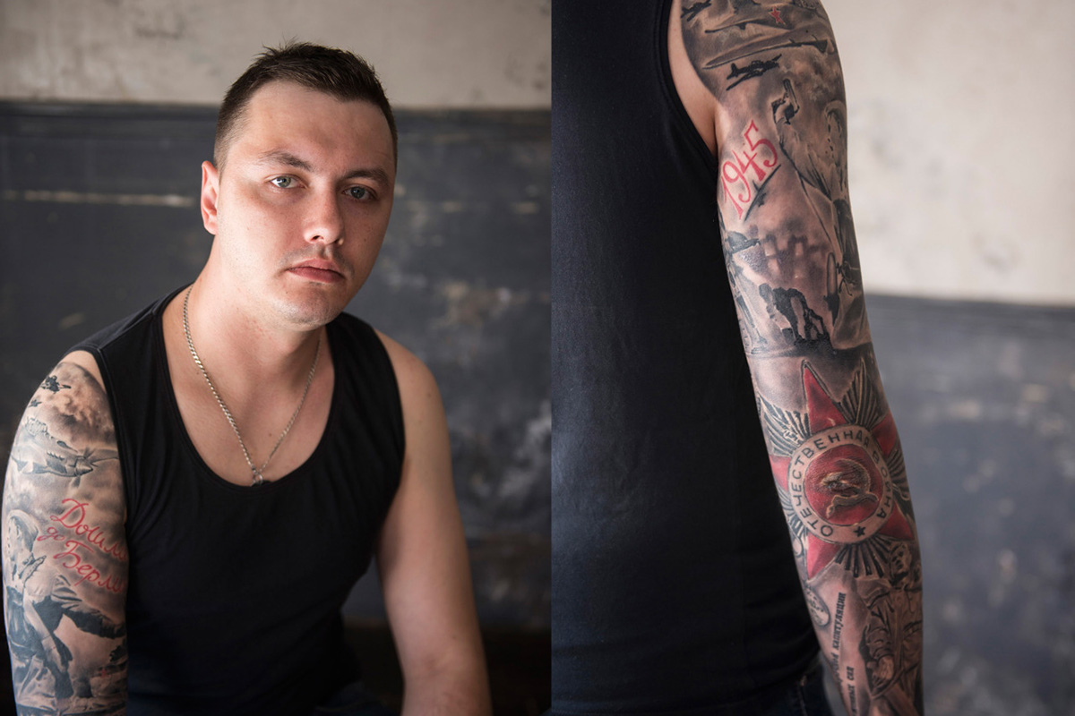 Eduard, 28, police worker, St. Petersburg. Has many tattoos with planes, soldiers, and red stars dedicated to the Second World War with captions ‘1945’, ‘We’ve reached Berlin’, ‘Great Patriotic War’: ‘The history of Russia is often rewritten. When my children and grandchildren ask me what these tattoos mean, I’ll tell them the story of my country.’