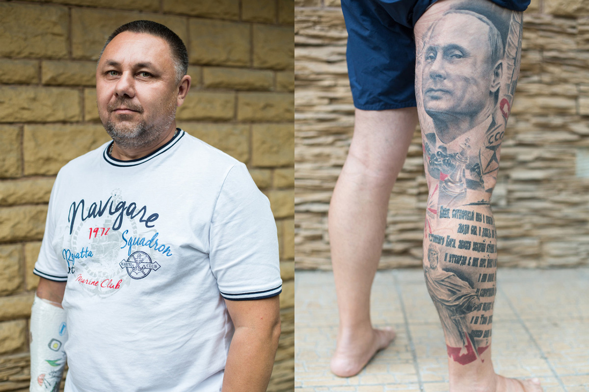 Alexander, 47, Moscow. Has a tattoo of Vladimir Putin’s face, USSR landmarks, chesses and religion quotes. ‘For me Vladimir Vladimirovich [Putin] is an idol. Sure, I see myself as a patriot.’