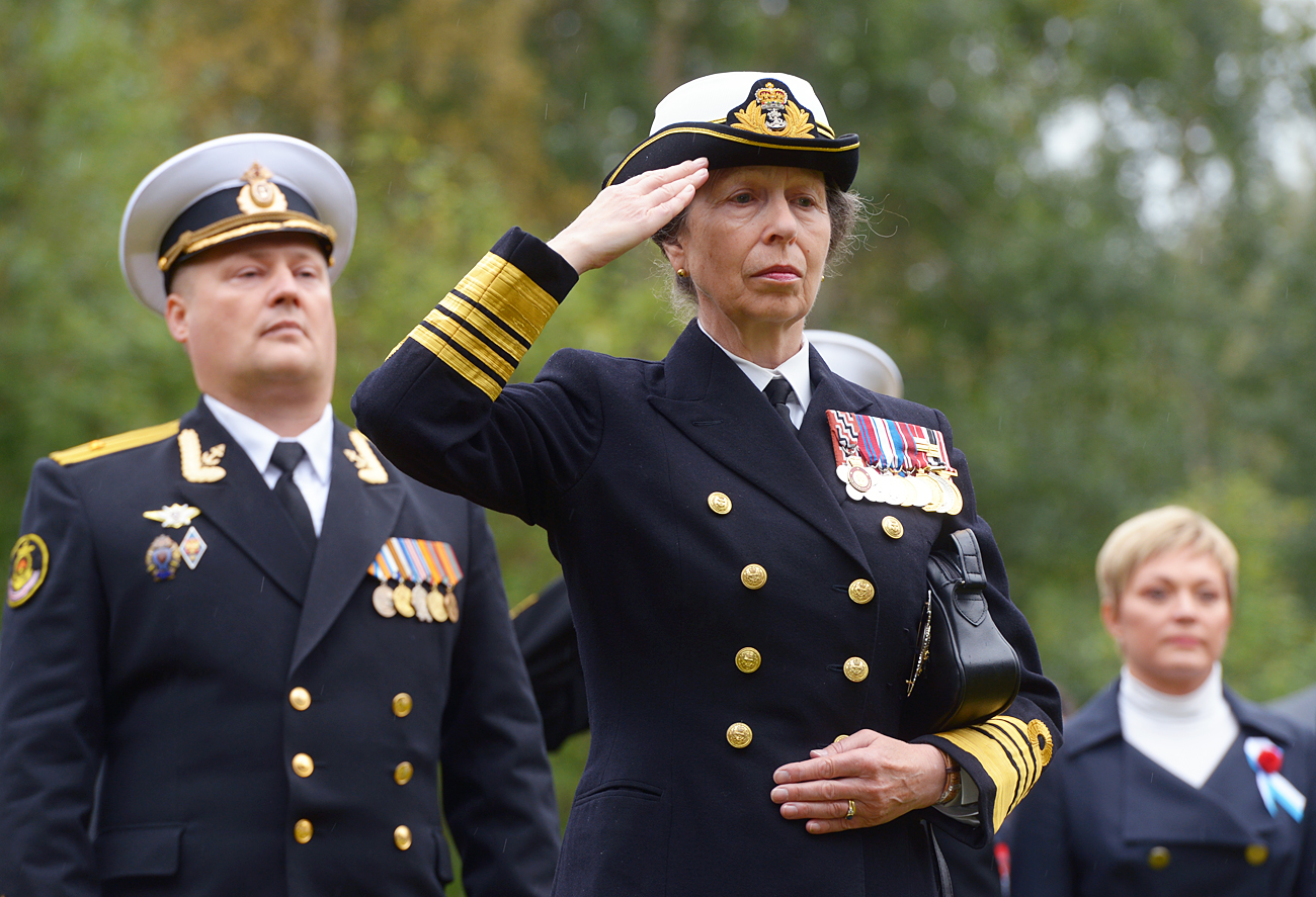 Princess Royal Anne during the flower- and wreath-laying ceremony by a memorial at the British Military Cemetery in Arkhangelsk during the 75th anniversary celebrations of the arrival in the city of the Dervish Convoy, the first of the Arctic Convoys.