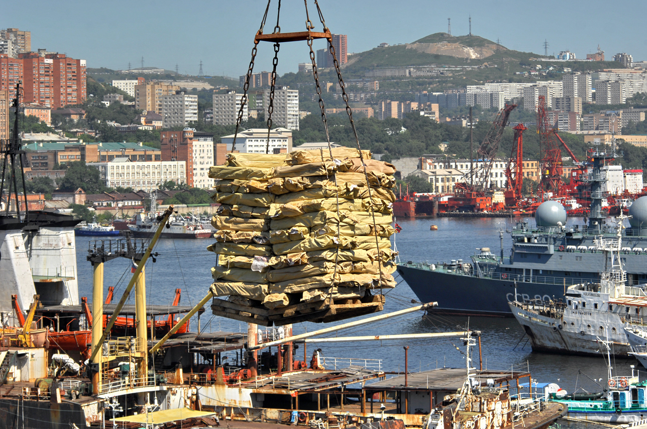 Unloading fish in the Vladivostok harbour.  