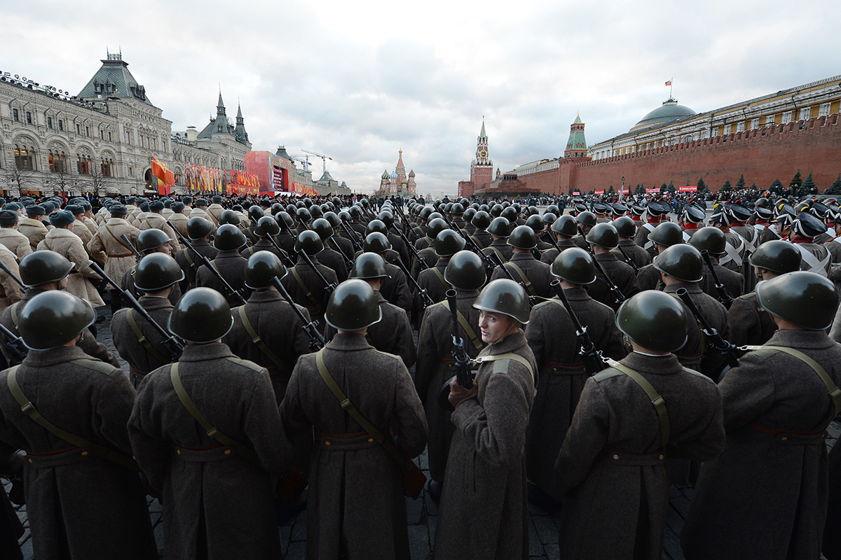 Wearing WW2-era Red Army uniform, Russian soldiers take part in a military parade on Red Square in Moscow on Nov. 7, 2012. That day Russia marked the 71st anniversary of the legendary 1941 parade, when Red Army soldiers marched straight to the front line from Red Square, as Nazi troops were just a few kilometers from Moscow.