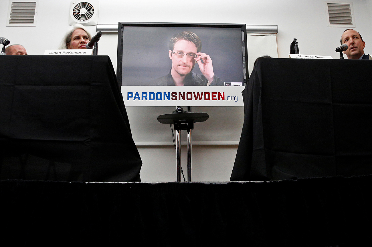 Edward Snowden speaks via video link during a news conference in New York City, U.S., Sept. 14, 2016.