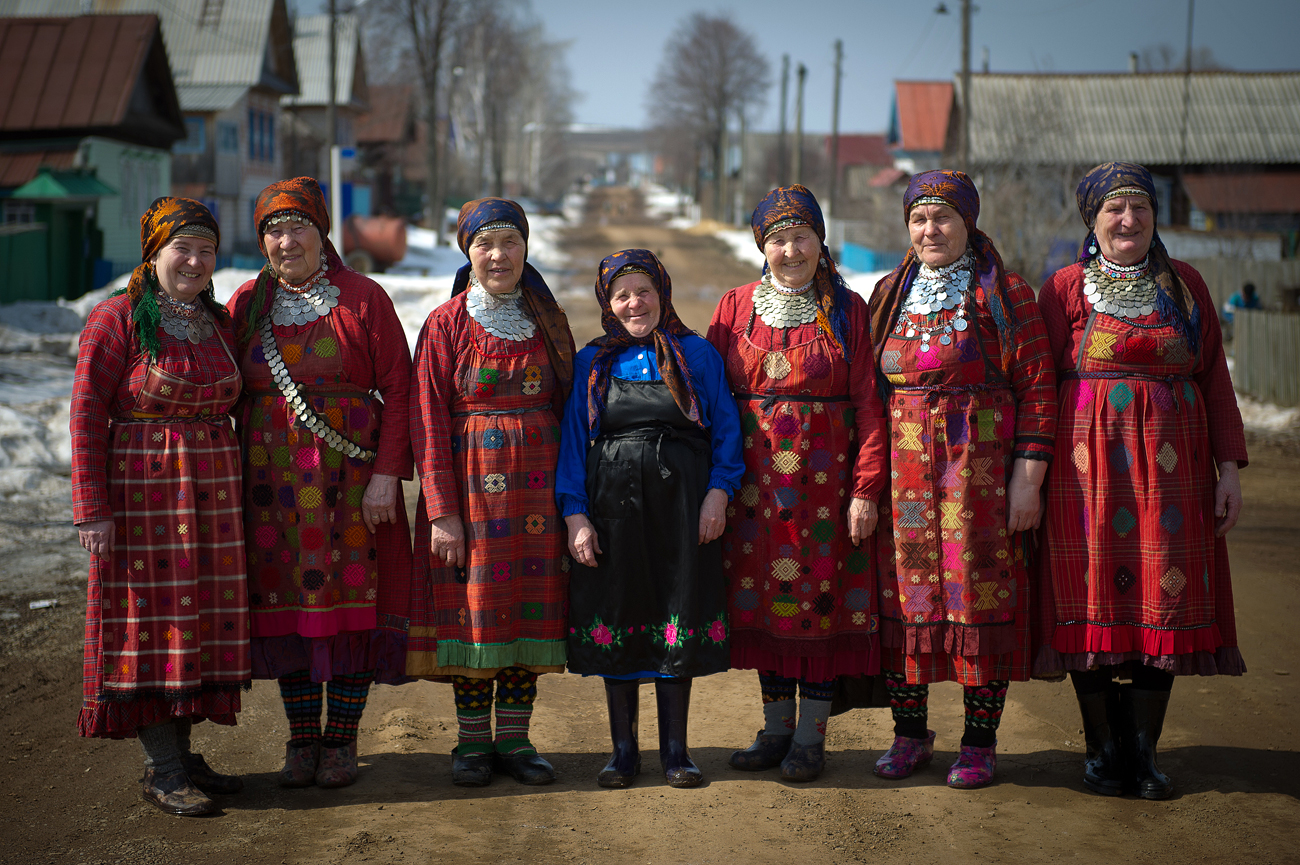 Seven (7) members of the Udmurt folk ensemble 'Buranovskiye Babushki' (The Buranovo Grannies, or Grannies from Buranovo)