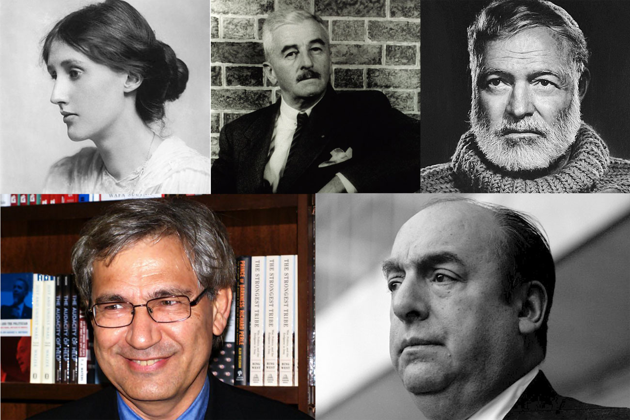 Above L-R: Viriginia Woolf, William Faulkner; Ernest Hemingway; Below L-R: Orhan Pamuk; Pablo Neruda
