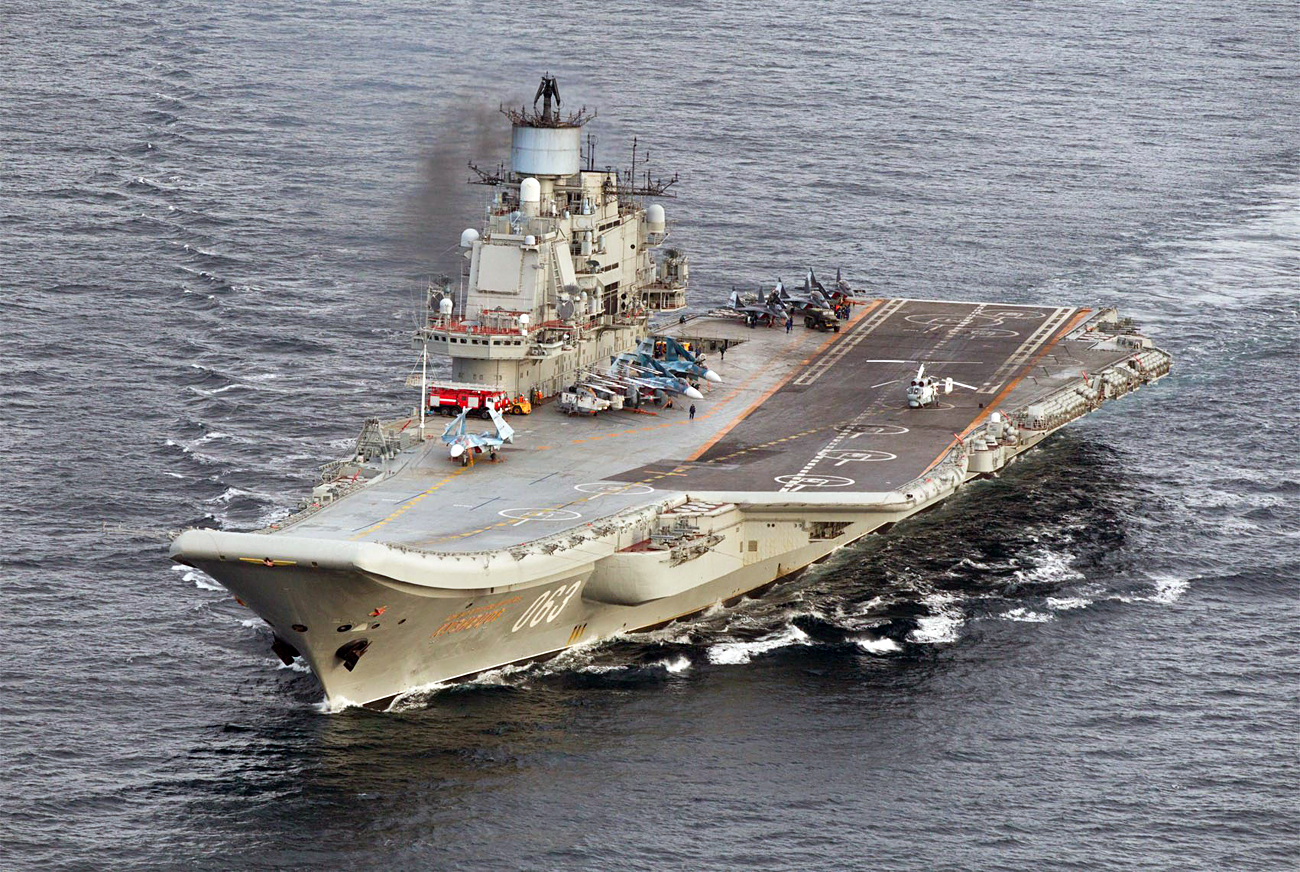A photo taken from a Norwegian surveillance aircraft shows Russian aircraft carrier Admiral Kuznetsov in international waters off the coast of Northern Norway on October 17, 2016.