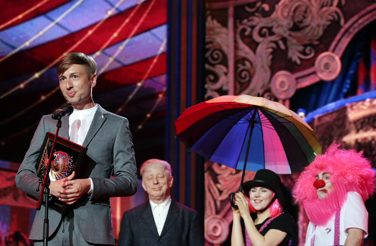 Composer Ilya Demutsky accepts an award for Best composer for A Hero of Our Time ballet (Bolshoi Theatre) at the 2016 Golden Mask award ceremony at the Stanislavsky and Nemirovich-Danchenko Moscow Music Theatre.