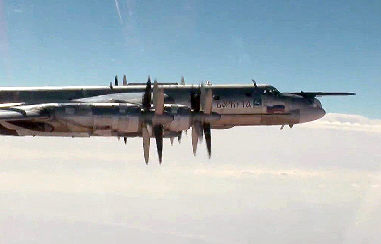 A Tupolev Tu-95MS strategic bomber of the Russian Aerospace Forces on a mission to carry out airstrikes against Islamic State and Jabhat al-Nusra (terrorist organizations banned in Russia) targets in Syria