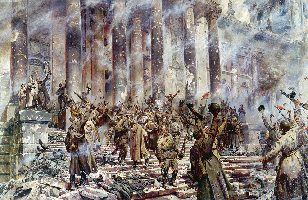 Reproduksi lukisan "Kemenangan" karya seniman P. Krivonosov (1911 – 1967). Dilukis dengan cat minyak di atas kanvas. Studio Seniman Perang Grekov.