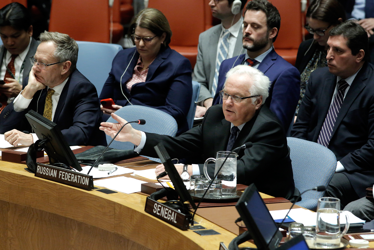 Perwakilan Tetap Rusia untuk PBB Vitaly Churkin bicara dalam pertemuan Dewan Keamanan PBB terkait situasi di Suriah.