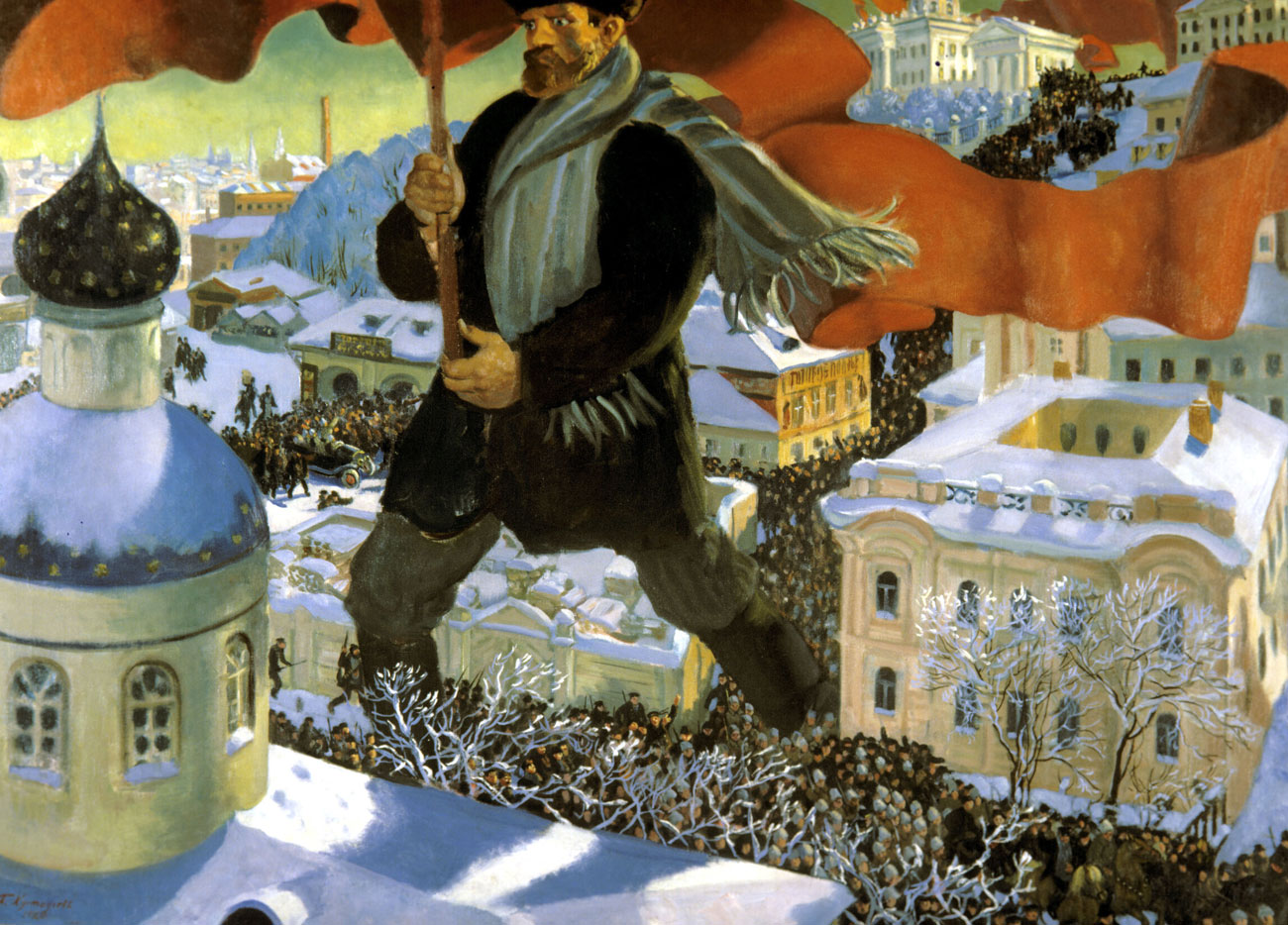 Boris Kustodiev’s painting 'Bolshevik' (1920)  depicts how the  Revolution was  made by the nation.
