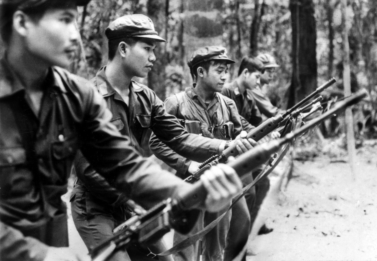 The Communist Party of Thailand (CPT) troops go through training routines for the benefit of foreign journalists in the CPT basecamp in the jungles of Southern Thailand, Oct. 16, 1978.