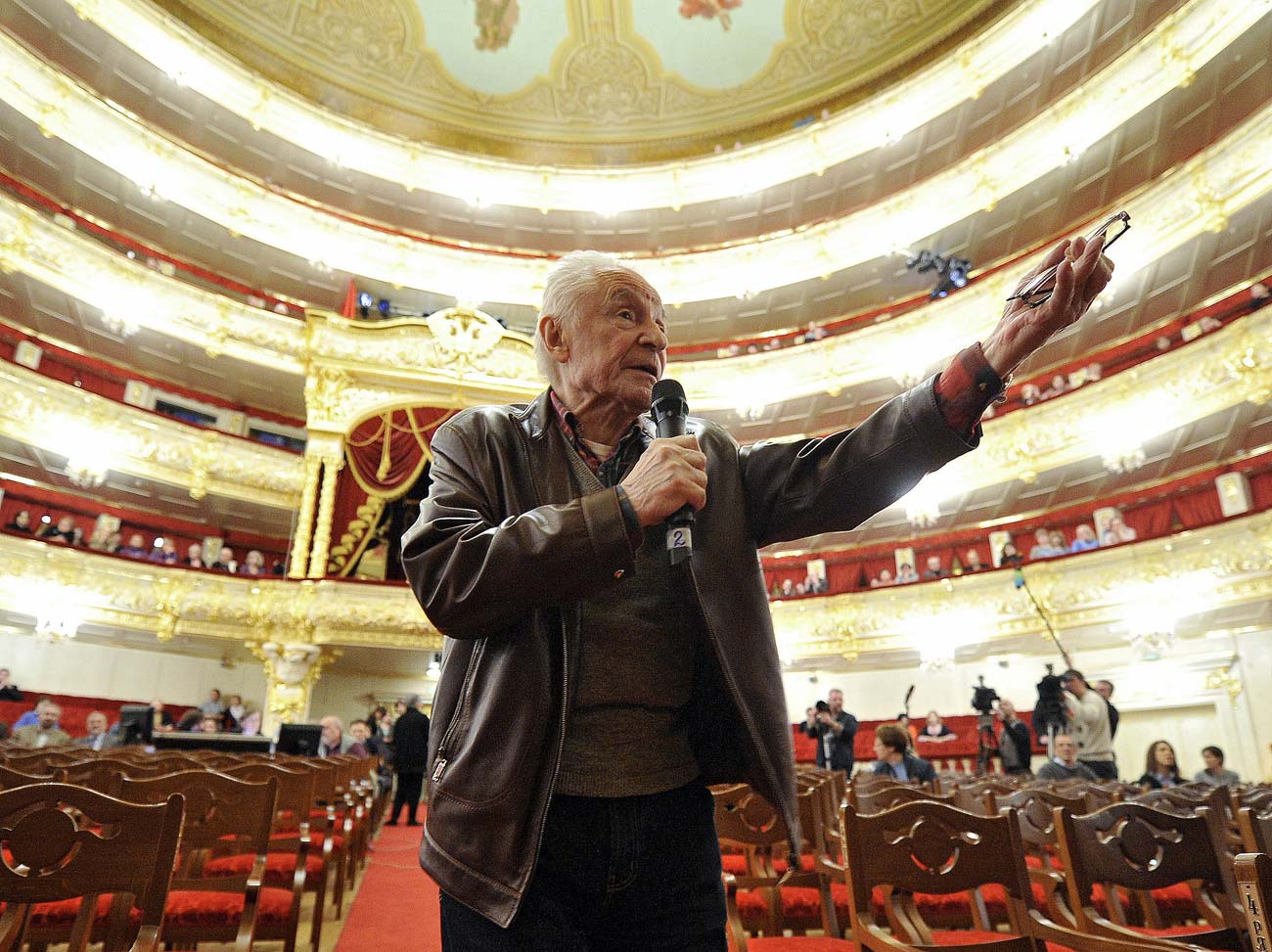 Ballet master Yuri Grigorovich directs the rehearsal of Peter Tchaikovsky's "Sleeping Beauty" ballet at the state academic Bolshoi Theatre