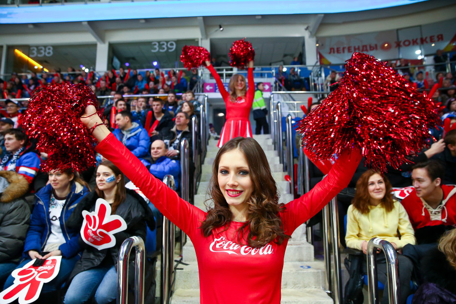 A cheerleader taking part in a Coca-Cola advertising campaign during a Kontinental Hockey League All-Star Game 2016 in Moscow. 