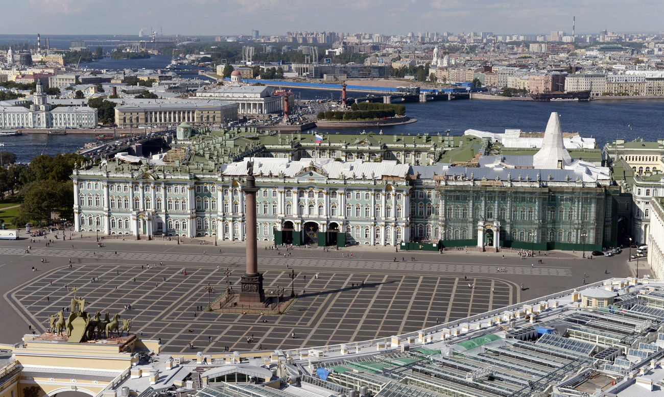 A view of the Palace Square and State Hermitage Museum in St. Petersburg. The photo was taken from a helicopter.