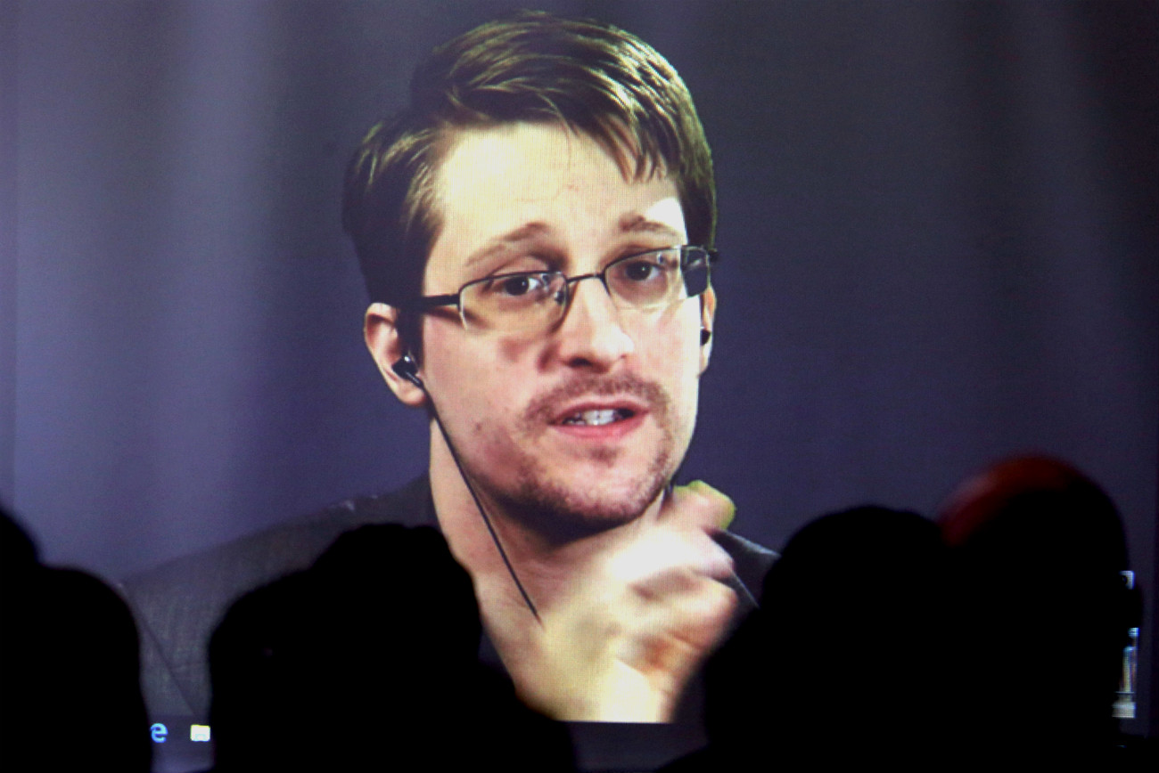 Edward Snowden speaks via video link during a conference at University of Buenos Aires Law School, Argentina, Nov. 14, 2016.
