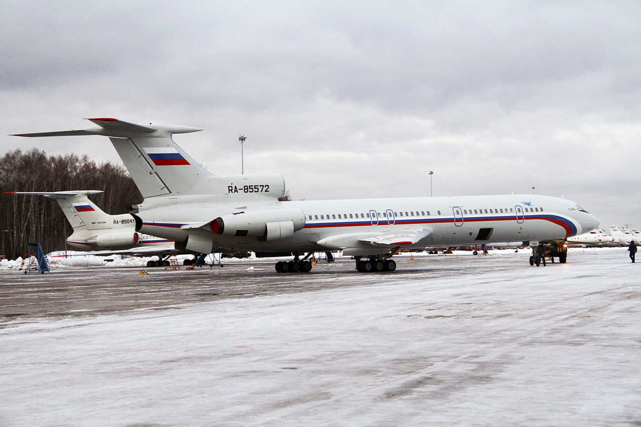 Tu-154 plane with registration number RA-85572, foreground, at Chkalovsky military airport near Moscow, Russia. A Russian plane with 92 people aboard, including a well-known military band, crashed into the Black Sea on its way to Syria on Dec. 25, 2016.