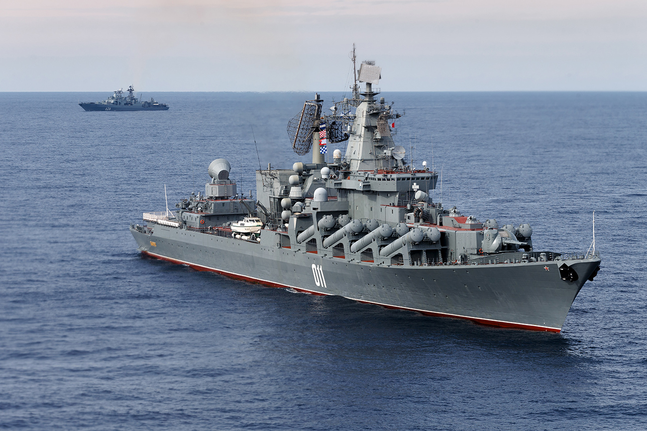 Experts say that Moscow earned the right to a base in Tartus as remuneration from Damascus for its assistance in the war against the Islamic State. Photo: The Russian missile cruiser Varyag, with the Russian navy destroyer Vice Admiral Kulakov in the rear, on patrol in eastern Mediterranean.